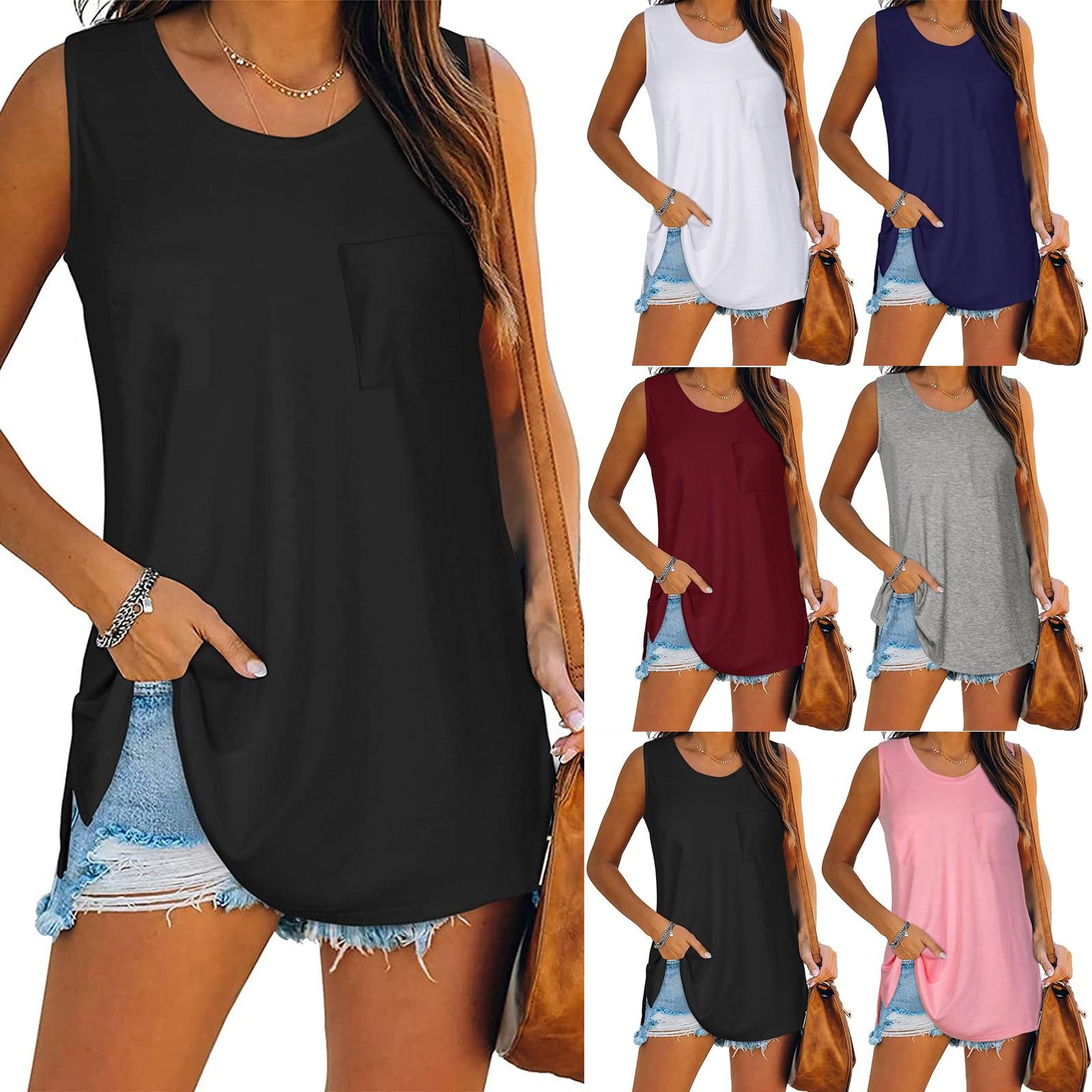 

Женские топы без рукавов, повседневная однотонная тонкая свободная блузка с карманами