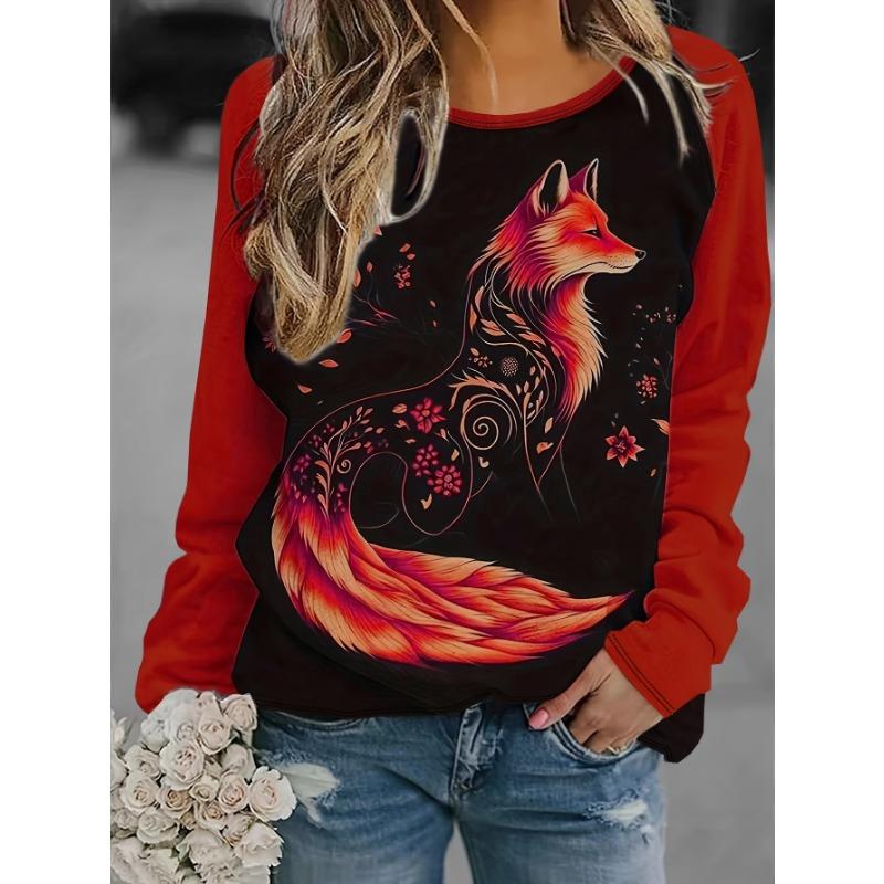 Women's Sleeves Stitching Fox Print Round Neck Long Sleeve Party Autumn Casual Pullover 3d Printing Casual Fashion Tops