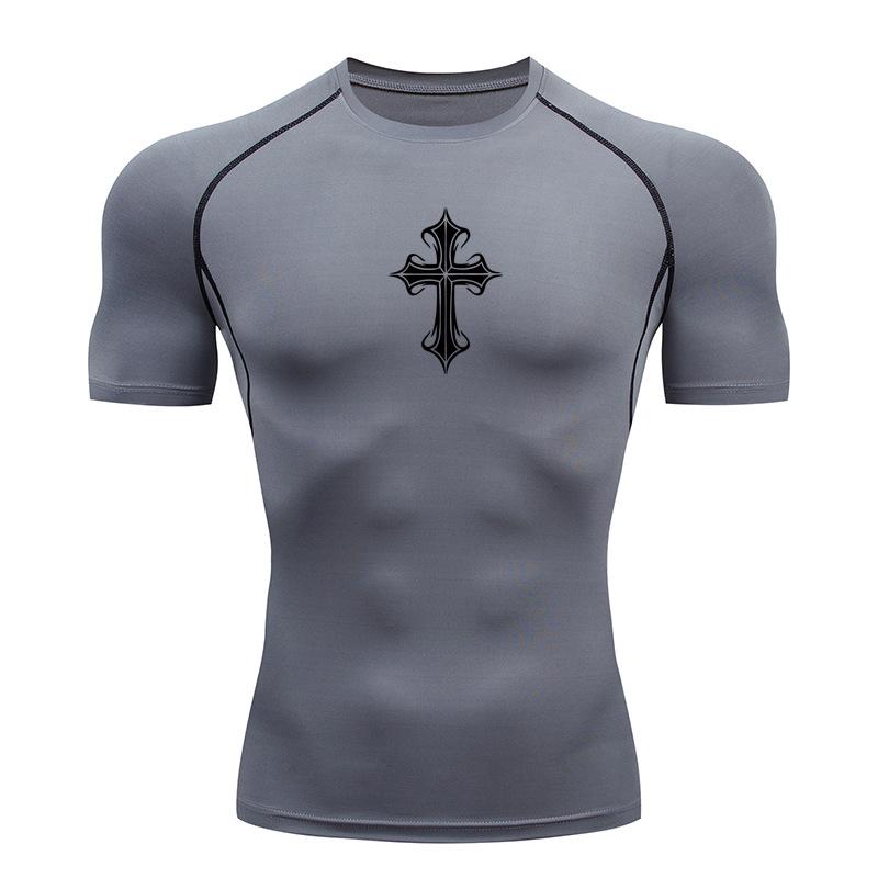 Cross Print Compression Shirts for Men Athletic Quick Dry Tshirt Tees Tops Gym Workout Running Rash Guard Baselayers Undershirts