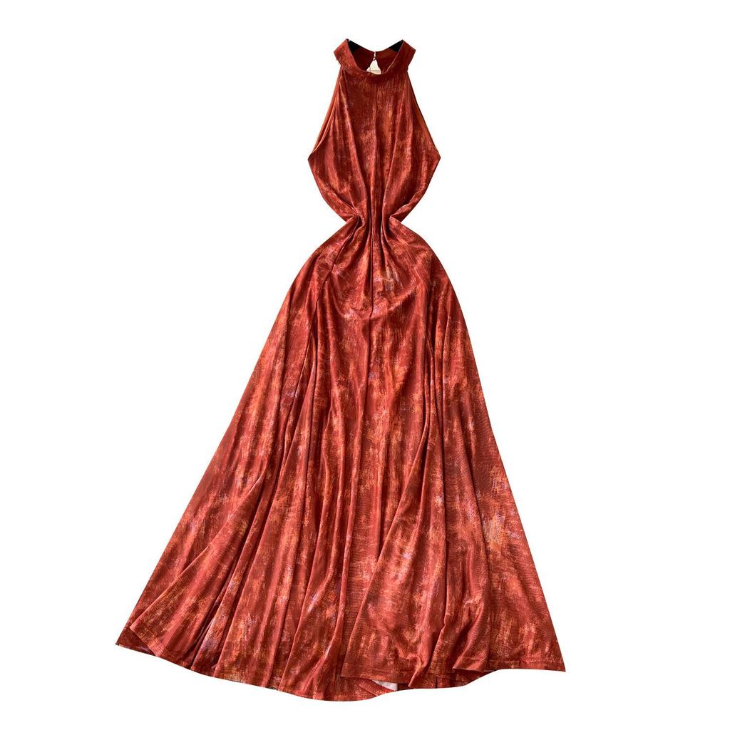 Vintage French Smudged Halter Sleeveless Dress: Women's Summer Waist-Cinched Design with Large Hem