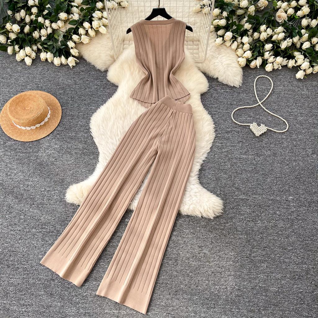 Casual Knitted Sweater Two Piece Sets for Women Metal-button V-neck Sleeveless Fitted Versatile Knit Top and Casual Pants Set