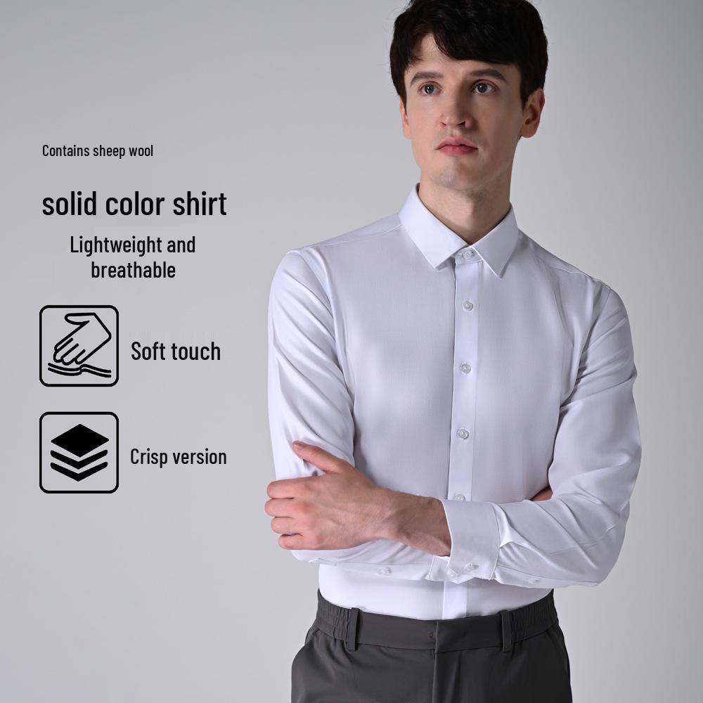 Men's Slim Fit Long Sleeve Modal Tencel Wool Shirt - Iron-Free, Machine Washable, Solid Color, Business Attire.
