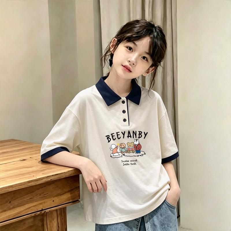 Girls' Cotton Color Block Short Sleeve Polo Shirt, Summer 2026 New Style, Medium/Large Kids' Loose Lapel T-shirt, Trendy.