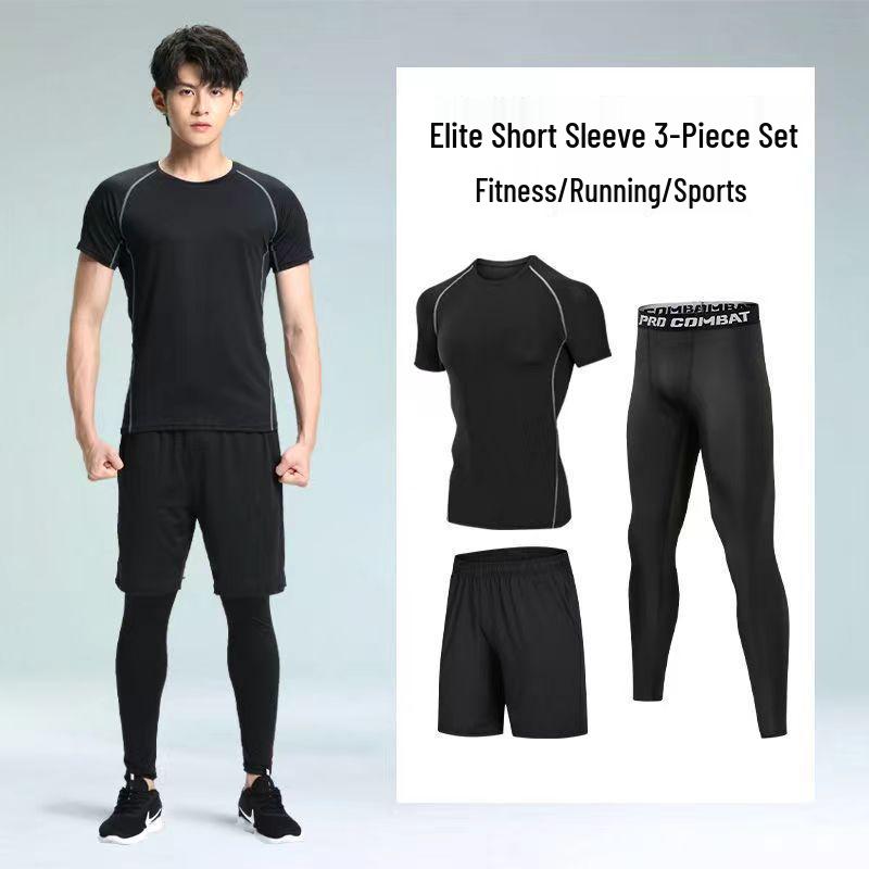 Pánské rychleschnoucí sportovní oblečení z ledového hedvábí s těsným střihem: Set s krátkým rukávem a pětibodovými kalhotami na letní fitness a běh