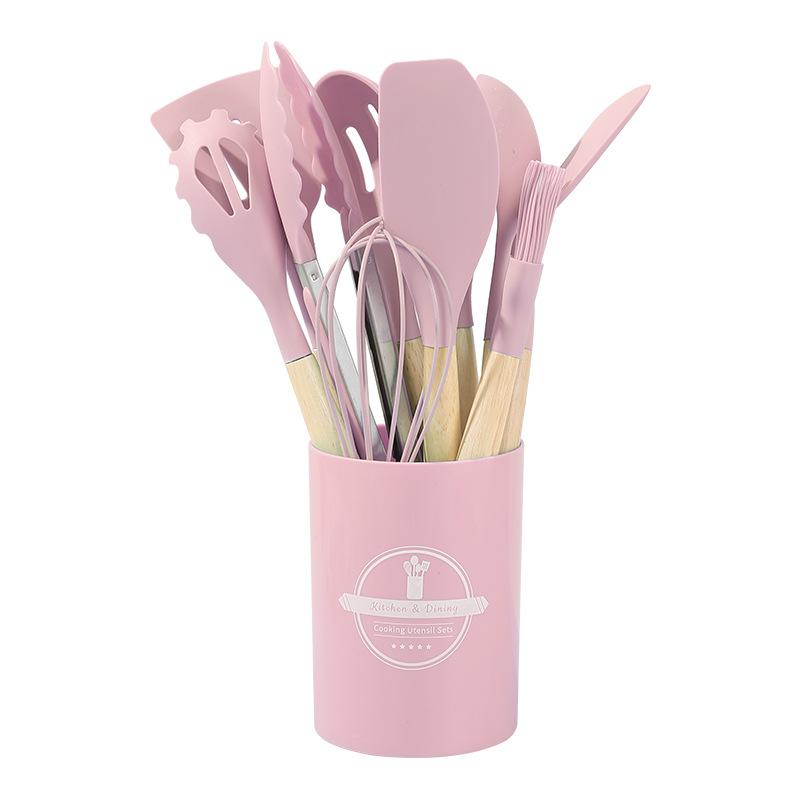 12PCS Silicone Kitchen Utensils Set Non Stick Cooking Tools Wooden Handle Spatula Turner Egg Whisk Baking BBQ Heat Resistant