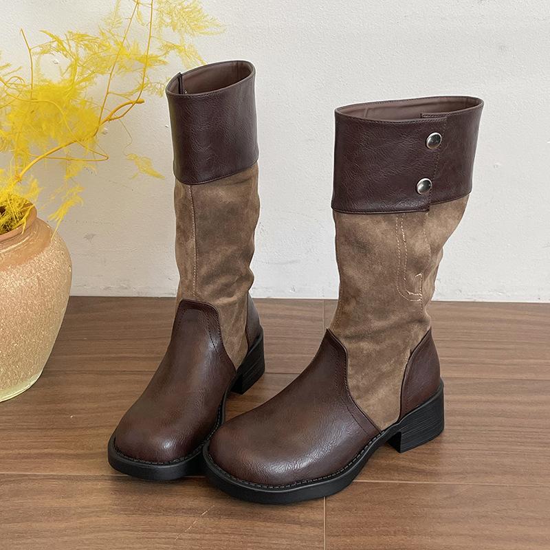 Stylish niche splicing pleated stacking boots women's thick-soled thick-heeled boots knight boots thin tall locomotive boots