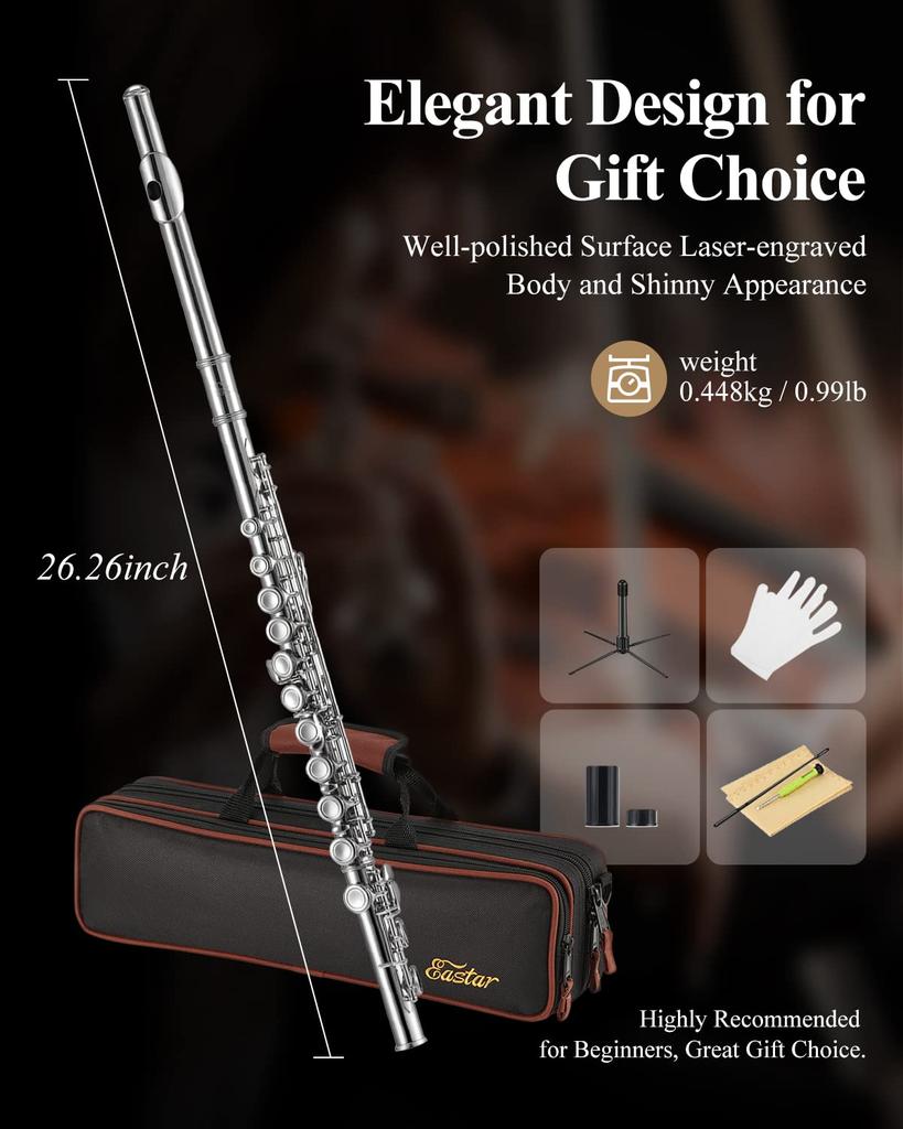 Eastar Flute, Covered Keys, 16 Holes, E Mechanism, Offset, Nickel Plated, with Stand & Professional Case, Beginner Set (Silver) - Perfect for School