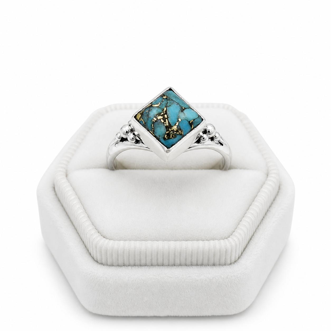 Copper Turquoise Square Ring 925 Sterling Silver, Blue Turquoise with Gold Matrix Stone Ring, Handmade Statement Jewelry 4 серебряный