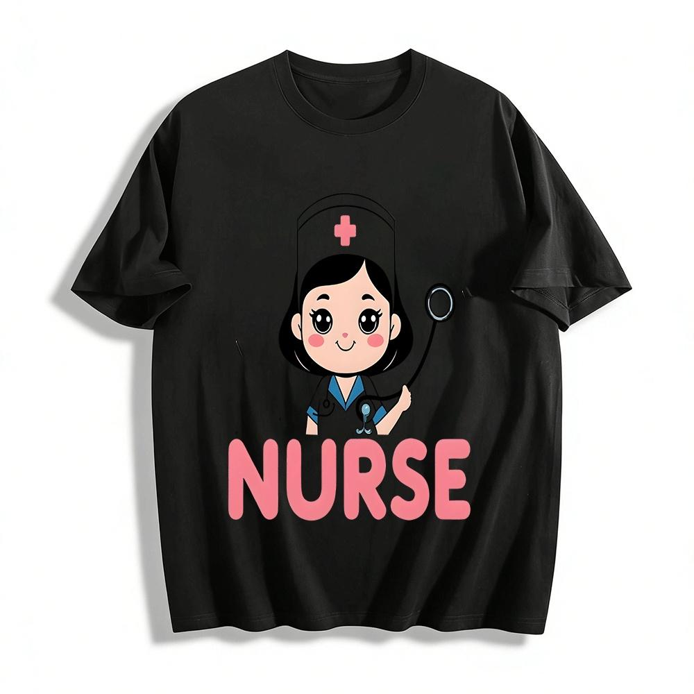 Cute Cartoon Nurse Print Casual Top Nurse Daily Wear T-Shirt Pure cotton T-shirt XXS