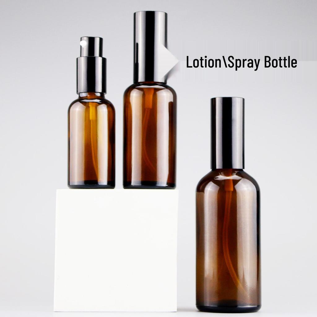 Brown Glass Bottle Set: 30ml Lotion Sprayer, 50ml Essential Oil, Original Liquid, Perfume Pump.