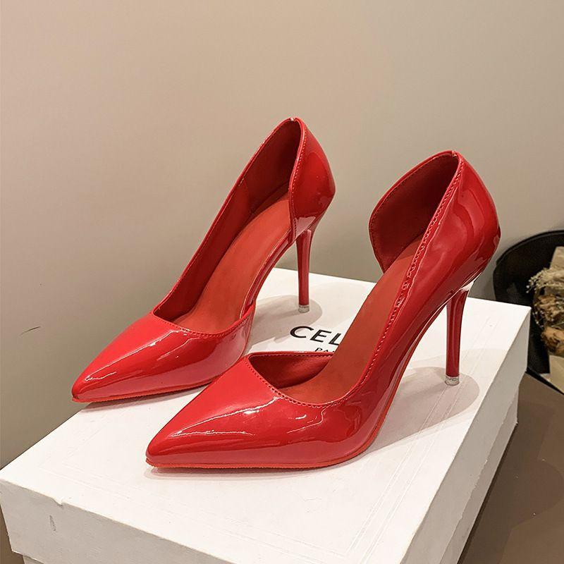 12 thin heels sexy red inner high heels women's 41 red sole side empty large size 42 light mouth patent leather work shoes 43
