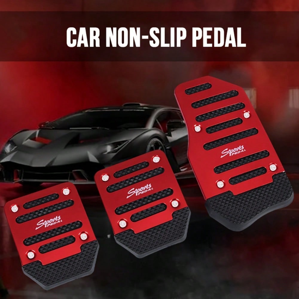 Universal Car Pedal Cover Set - Aluminum Automatic Transmission Brake Fuel Gas Foot Pad Red  Non-Slip