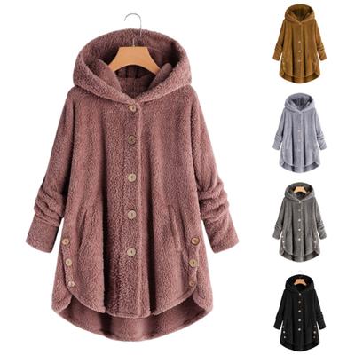 Women Plush Coat Hooded Long Sleeve Side Buttons Hem Single Breasted Casual Jacket