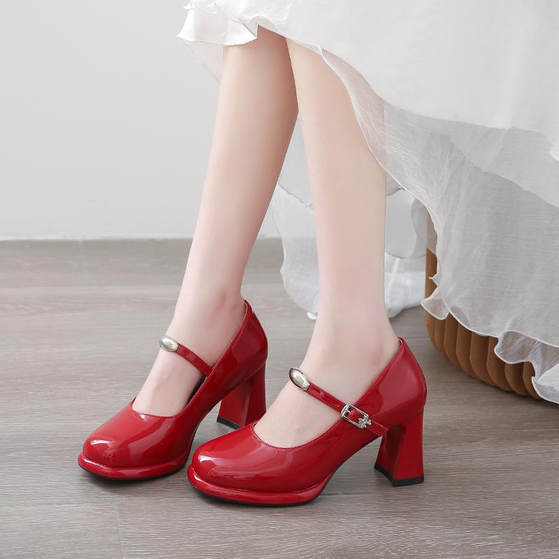 Fashion Summer High Heels Women's Square Head Shallow Mouth Bright Leather Metal Buckle Line with Anti-slip Wear Shoes