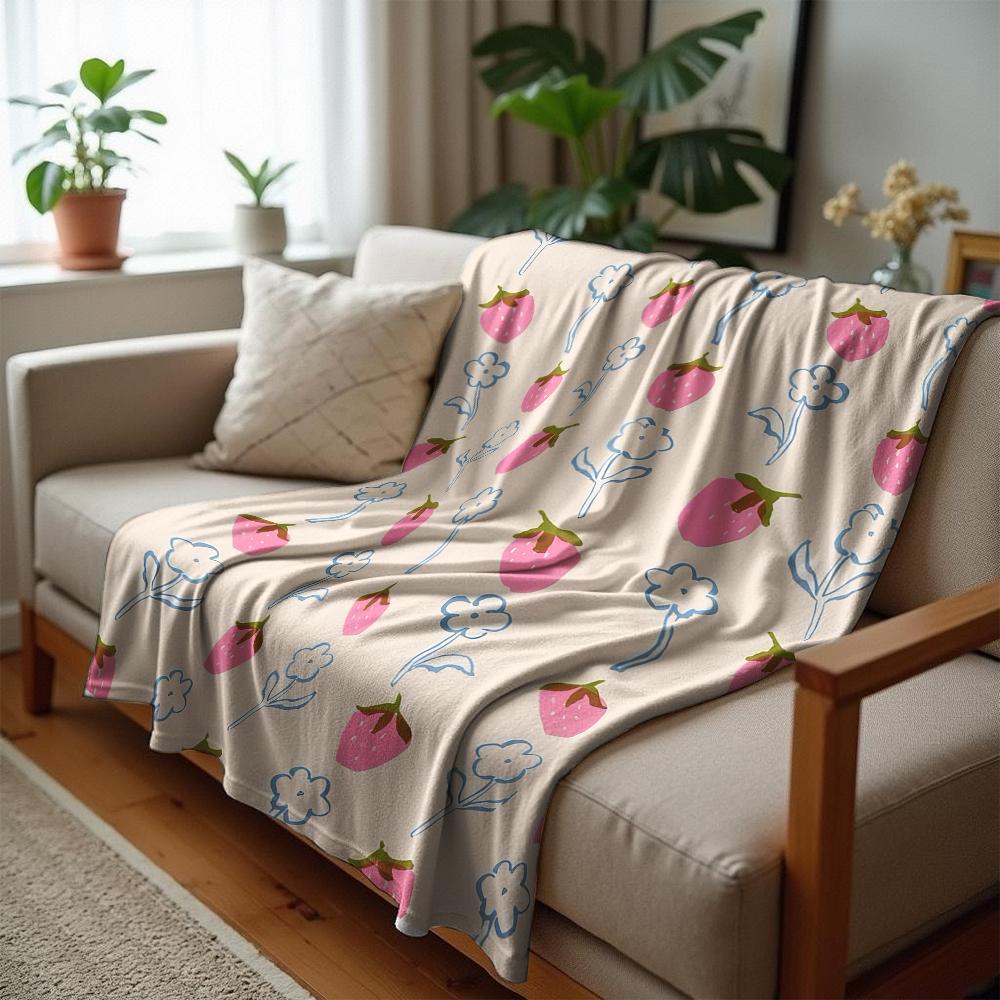 Sketch Strawberry Star Cartoon Anime Print Flannel Blanket Soft Warm Throw for Kids Bedroom Sofa Christmas Office Car