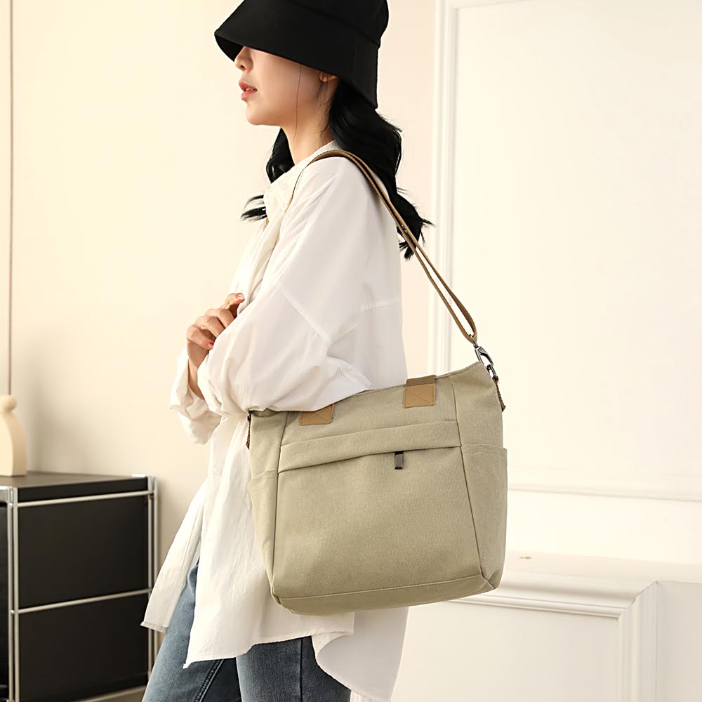 Manukori Women's Small Canvas Tote Bag, Shoulder Bag, Handbag, Shoulder Bag, Crossbody Bag, for Commuting, School, and Travel (Khaki)