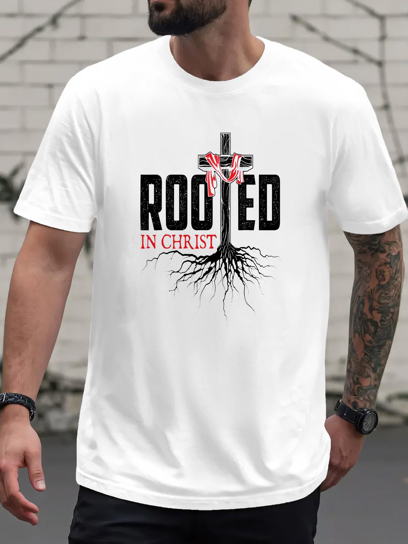 

Black T-shirt with ROOTED IN CHRIST Graphic - White Tree Design XL