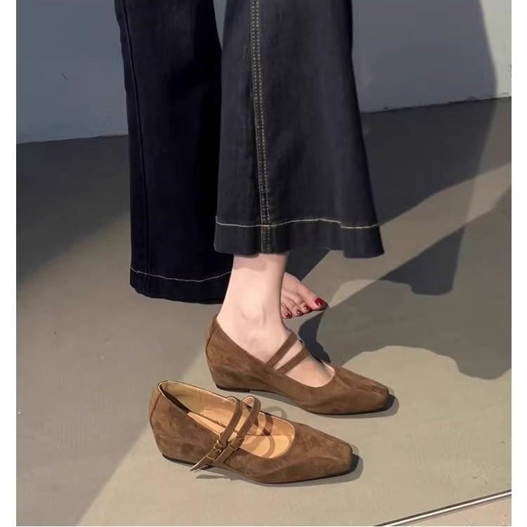 Sheepskin version~ Retro inner height increase square head single shoes one-word buckle commuting temperament French slope heel Mary Jane shoes women