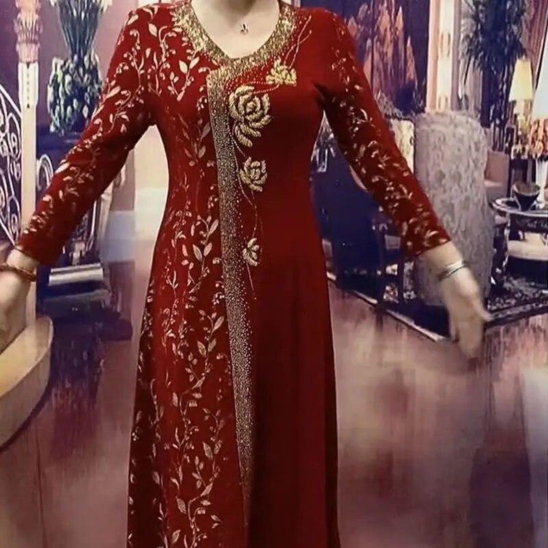 Abiti eleganti con scollo a V stampati, primavera autunno, nuovi abiti da donna a trapezio, maniche lunghe, eleganti, con diamanti floreali, abito lungo