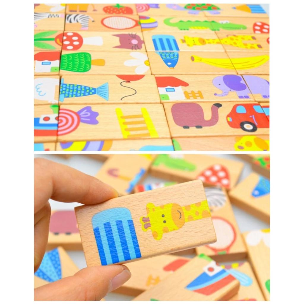 28PCS Wooden Domino Toys Early Learning Wooden Animal Domino Toys Set Shape Sorting Order Learning Educational Toys for Children