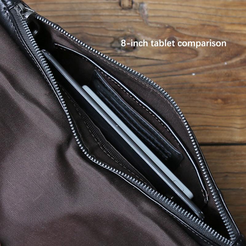NZPJ Genuine Leather Men's Chest Bag Leisure Top Layer Cowhider Messenger Bag Black Tablet Computer Bag  For 8-Inch IPad