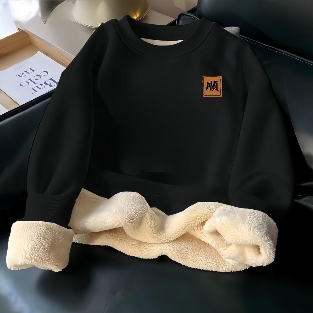 Fleece Thermal Sweater Winter Men's Fleece Thickened Crew Neck Without Hat Simple Fashion Letter Versatile Top