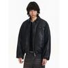 Blaexit Imitation Calfskin Black Leather Jacket Men's Thickened Winter Boxy Style Bomber Jacket Cotton-Padded Jacket