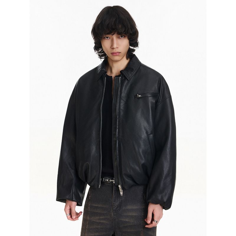 Blaexit Imitation Calfskin Black Leather Jacket Men's Thickened Winter Boxy Style Bomber Jacket Cotton-Padded Jacket