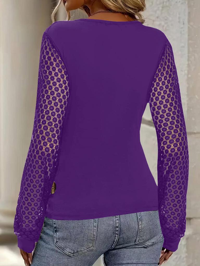 European & American Fashion Lace Patchwork Lantern Sleeve Crossover T-shirt