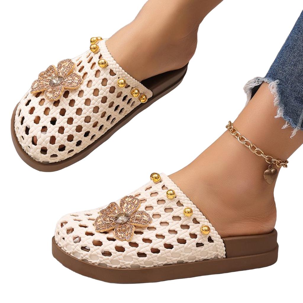 Summer Women Mesh Hollow Woven Open Toe Slippers Lightweight Breathable Slip On Casual Flat Sandals for Indoor Outdoor Use
