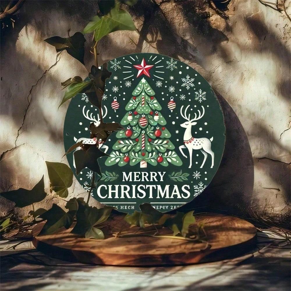 1pc Rustic Metal Wall Art Sign, 8x8 Inch Round Tin Reindeer Tree Print, Festive Kitchen Bar Home Decor