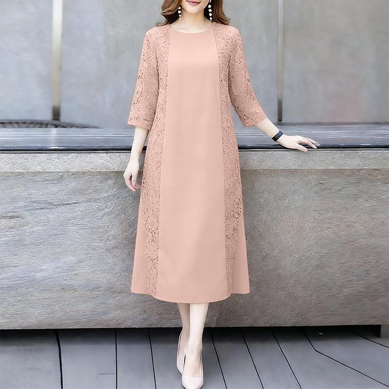 ZANZEA Women Casual Round Neck 3/4 Sleeve Casual Lace Patchwork Dress