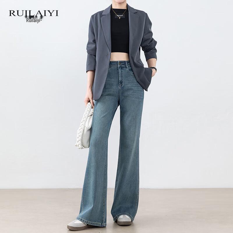 Ruilaiyi Women s Tencel Four-Way Stretch Straight Micro-Flare Jeans M