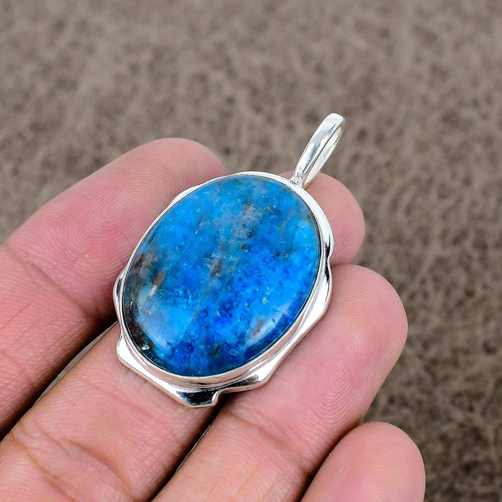 Neon Blue Apatite Gemstone 925 Sterling Silver Jewelry Pendant 1.85" KKG-388
