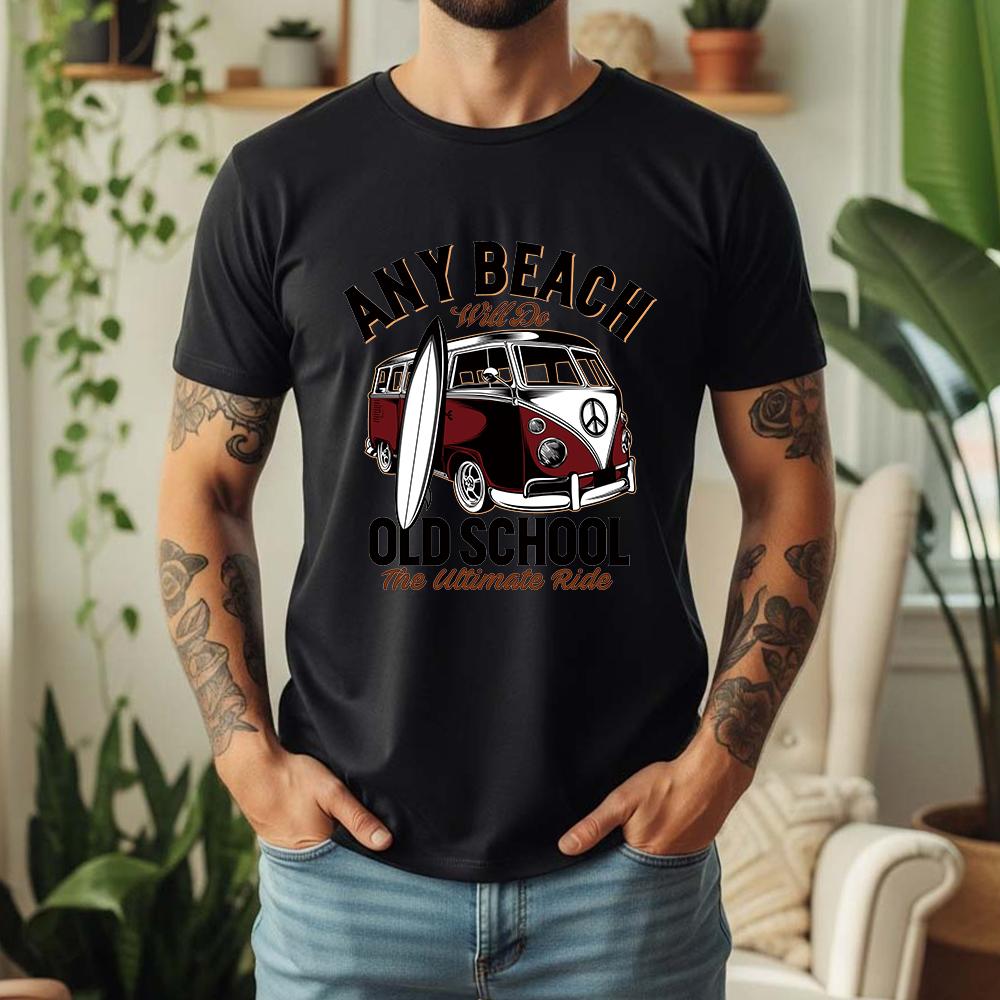 Vintage Old School Surf Bus Surfboard Print Unisexs T Shirt Loose Short Sleeve Crew Neck Beach Vacation Casual Tees
