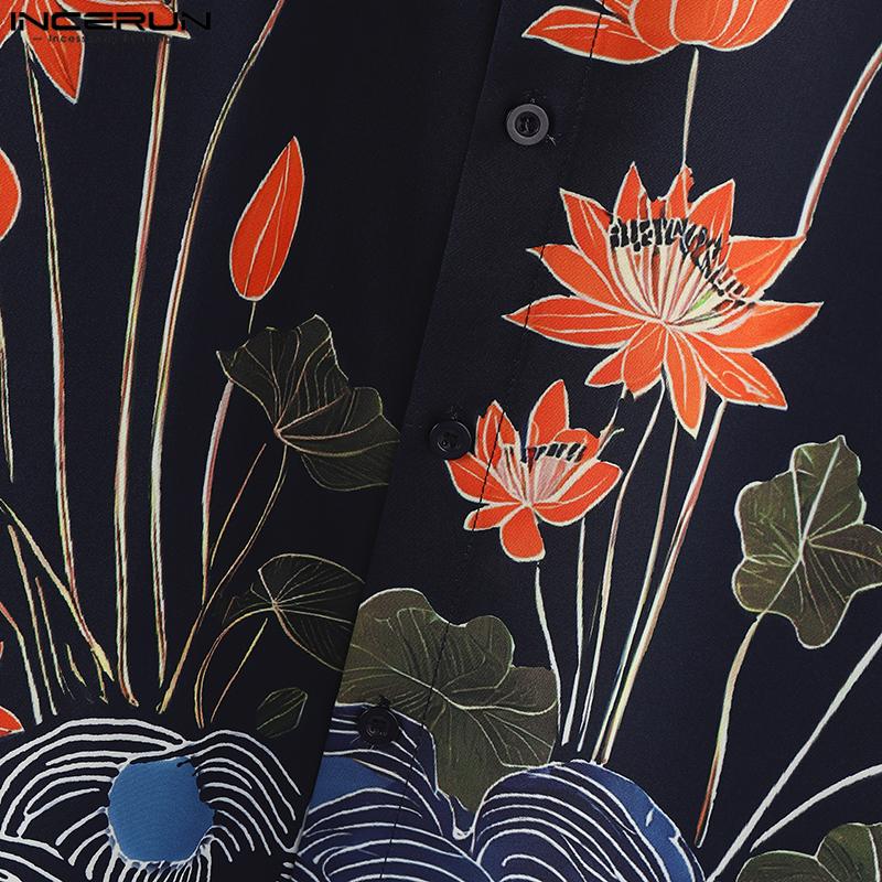 INCERUN Oversized Men Lapel 3/4 Sleeve Floral Print Casual Loose Shirts Tops