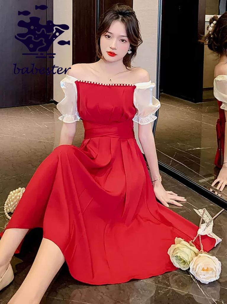 Babestar Party Size Perfect for and Dress, Lace, Knee-Length, Sleeved, Red, 5/8 Sleeves, L, Elegant, Cute, Slimming, Elegant, Stylish, Flattering,