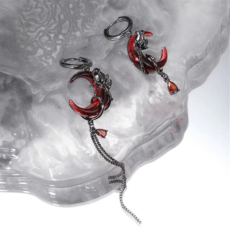 Red Moon Gem Asymmetric Earrings Personality Hip-Pop Gothic Dark Ear Pendants Tassel Chain Eardrop Far Buckle Jewelry Accessory