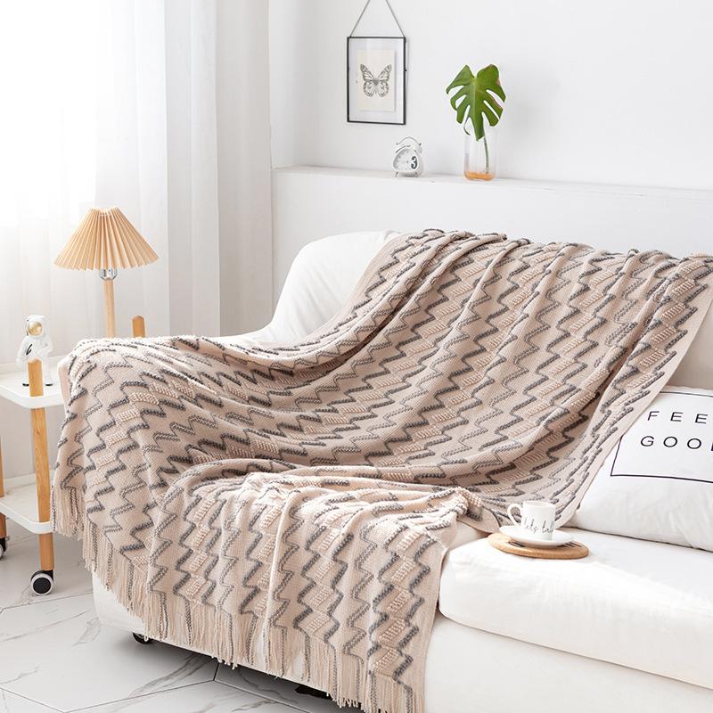 Two Tone Knitted Sofa Throw Blanket Soft Air Conditioning Blanket for Bed Nap Office