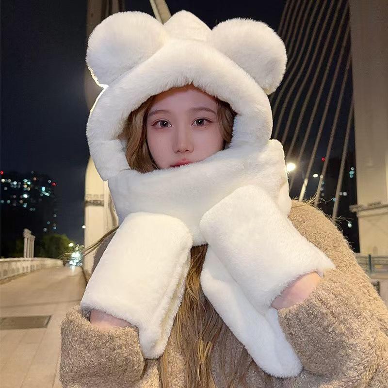 

Winter Warm Plush Fleece 3-In-1 Bear Ear Hooded Cap Scarf Gloves Set One-Piece Windproof Outdoor Accessories For Cold Weather белый
