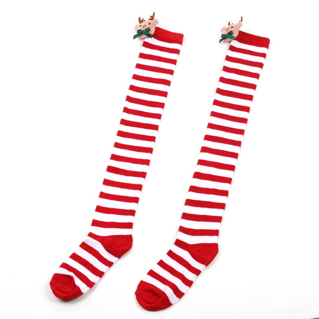 Women Cartoon Plush Elk Bowknot Striped Over Knee Long Socks Thigh High Stockings for Christmas Cosplay Costume Hosiery
