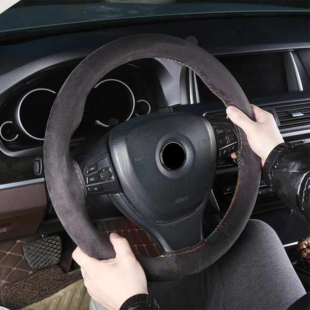 Suede Cowhide DIY Hand Sewn Car Steering Wheel Covers Auto Steering Wheel Protector Fashion Non-slip 38cm Car Accessories