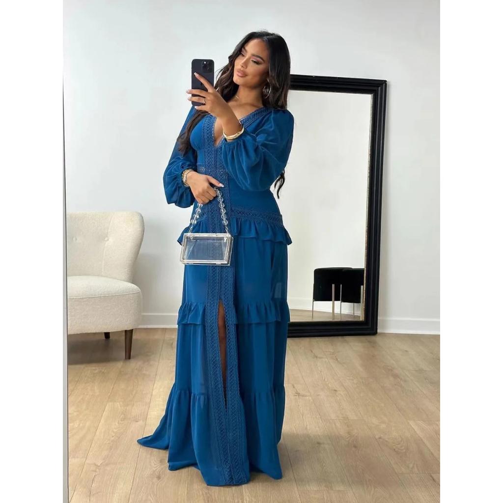 LYRIA Women Elegant Layered Ruffles Patchwork Long Dress Chic V Neck Puff Full Sleeves Split Maxi Dresses Fashion Lady Party Robes