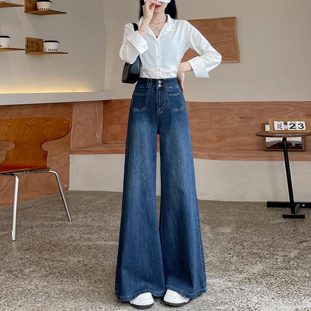 

2024 Женские Ретро Синие Джинсы с Высокой Посадкой и Широкими Штанинами XL темно-синий