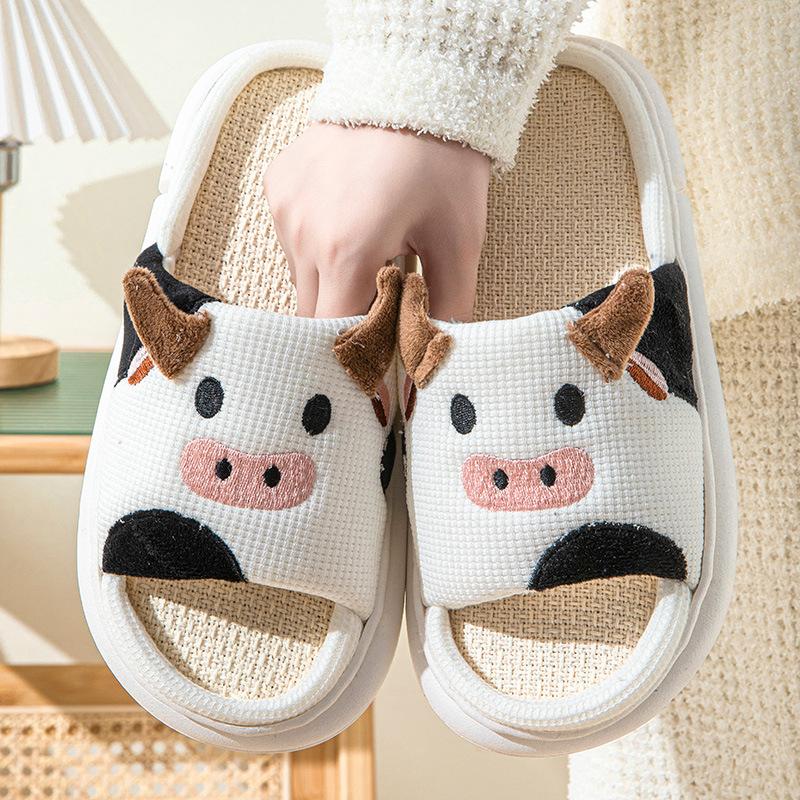 

Four Seasons Couple Linen Cotton Slippers Home Indoor Wooden Flooring Anti-Slip Cartoon Thick Slippers 36-37