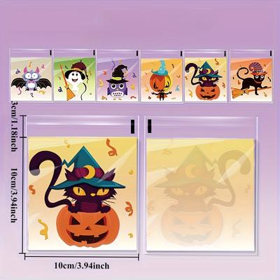 100pcs Halloween Gift Bags. Self-adhesive with Pumpkin, Ghost & Bat Designs for Party Treats.