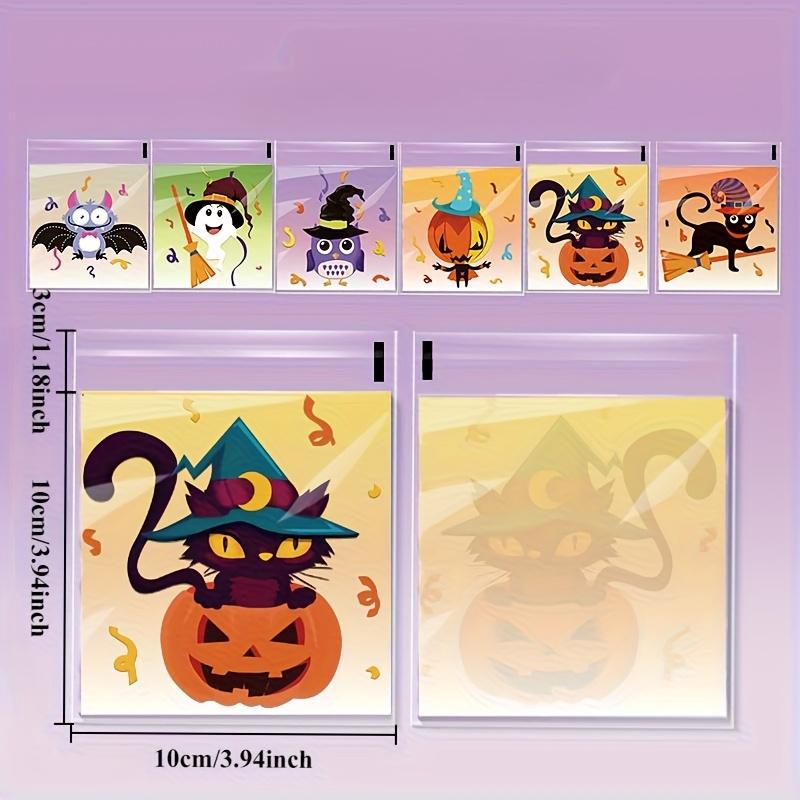 100pcs Halloween Gift Bags. Self-adhesive with pumpkin, ghost & bat designs for party treats.
