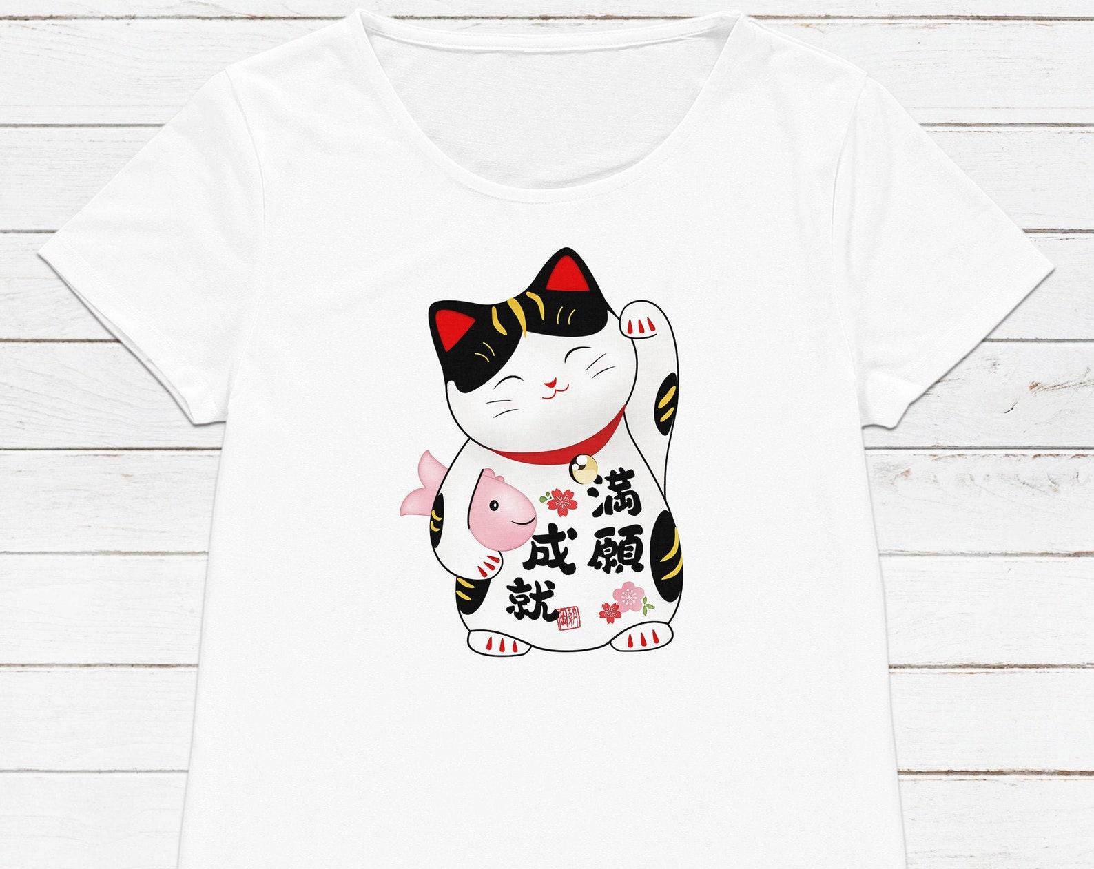 Japanese Lucky Cat T-Shirt, Kawaii Anime Graphic Tee 4XL