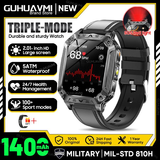 New Outdoors Durable Military Men Smart Watch 1400mAh battery 5ATM Swim LED flashlight+SOS Red Light Sports Call Smartwatch