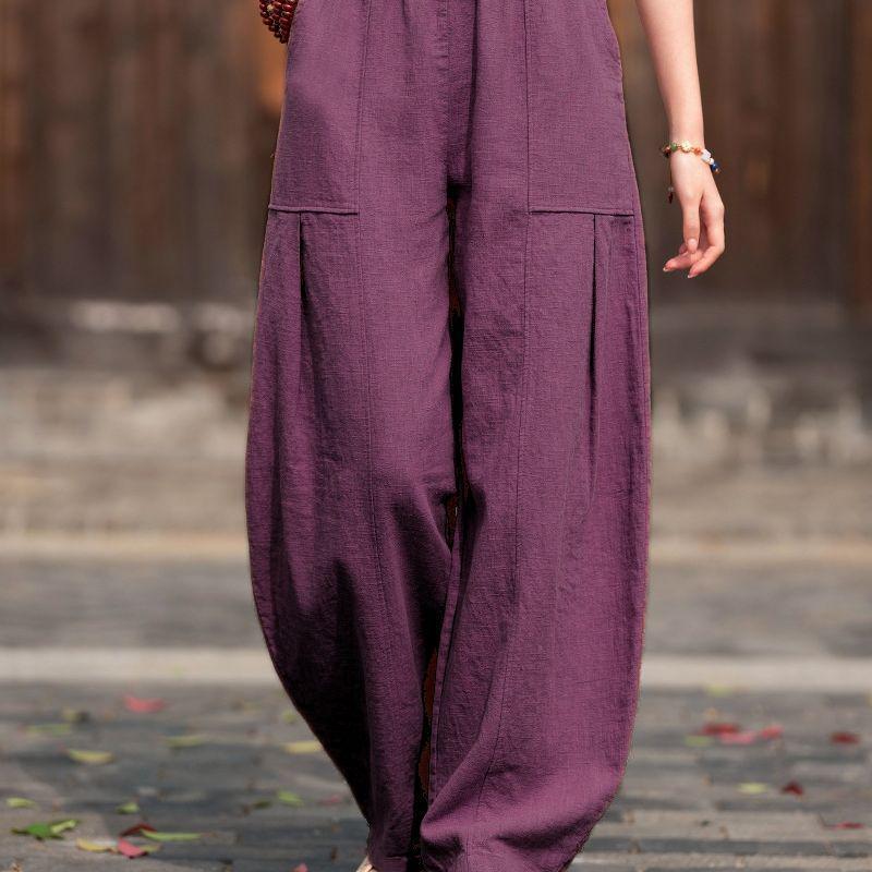 Pantaloni a Lanterna da Donna Retro a Vita Alta in Cotone e Lino - Taglie Forti, Colore Unito, Snellenti, Lunghi, Casual per Primavera/Estate